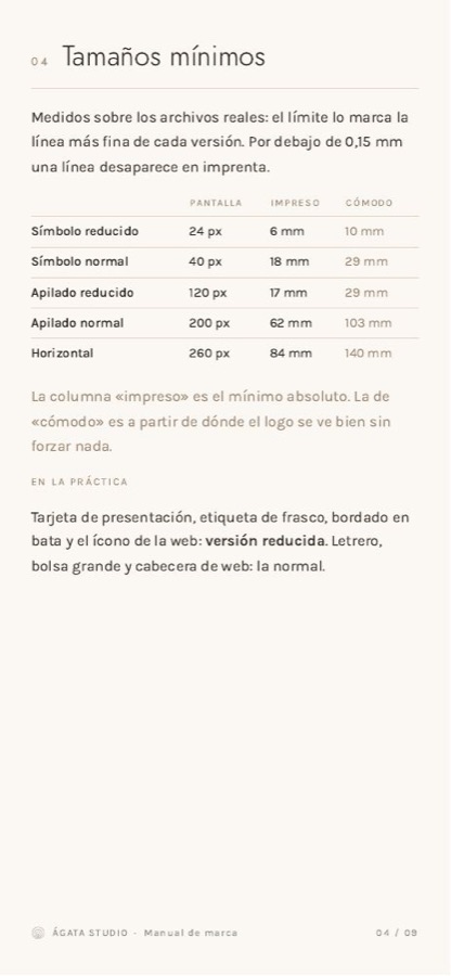 Ágata Studio: tamaños mínimos
